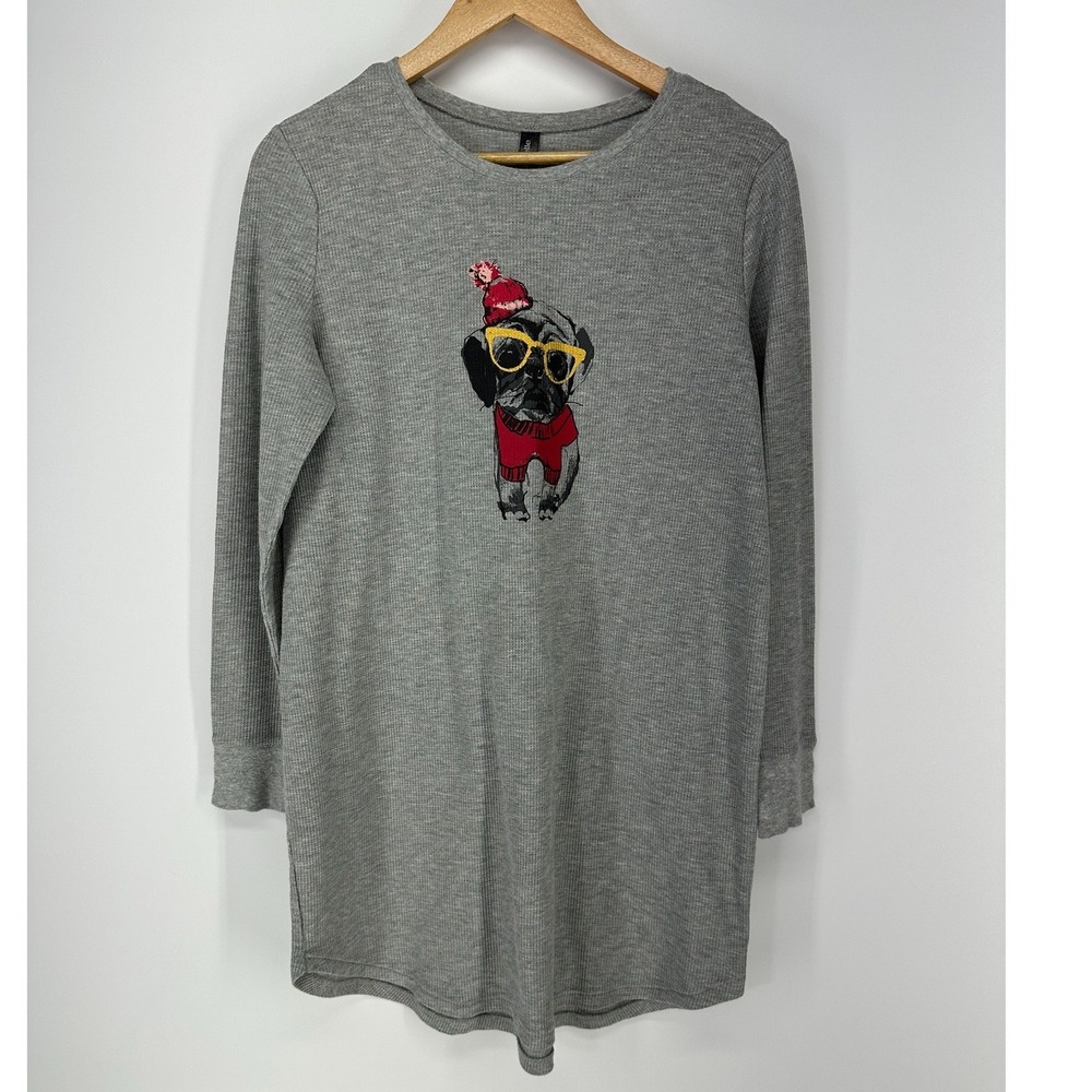 Ambrielle Sleepwear Shirt Womens Medium Gray Waffle‎ Knit Pug Dog Graphic Pajama
